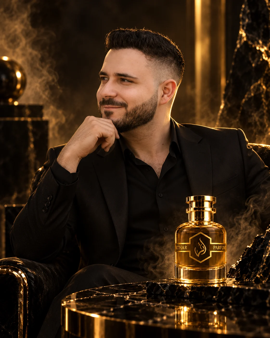 Man seated beside a perfume bottle in a dark setting