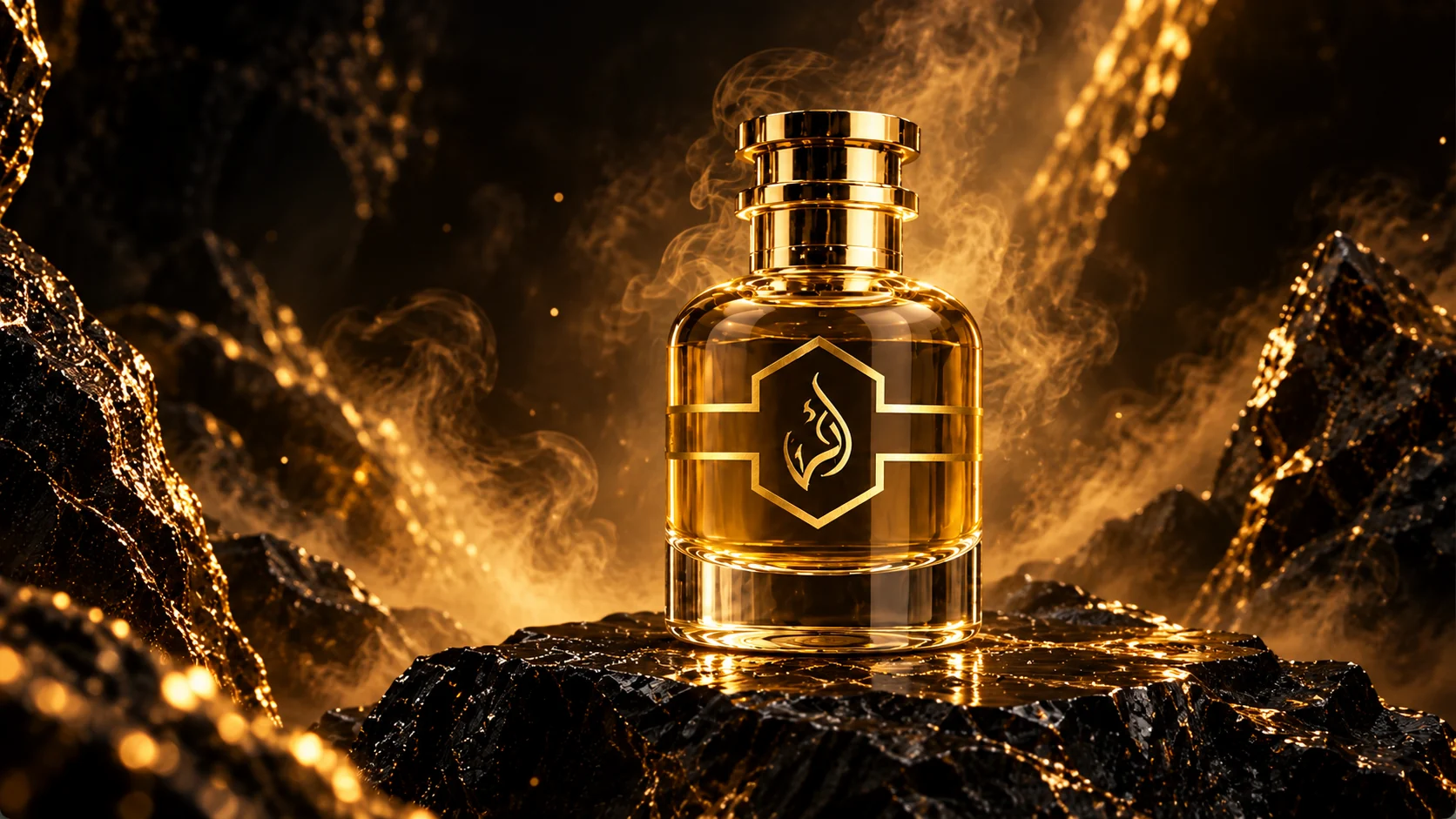 atharperfum perfume bottle among illuminated black stone